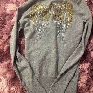 G by Guess Gray Sweater with Gold and Silver Sequin Wings
